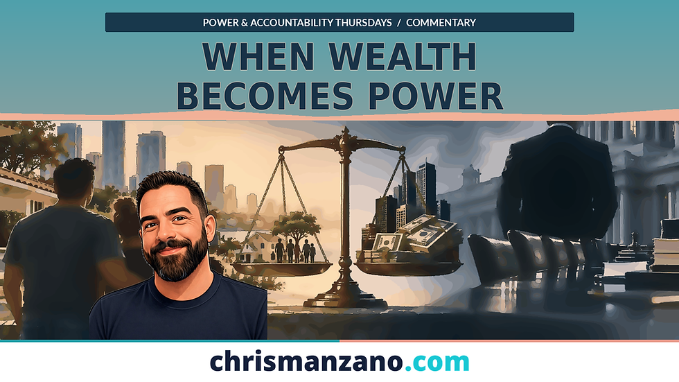 Conceptual illustration of wealth, community and institutional access, with Chris Manzano’s approved illustrated portrait. The scales are a metaphor, not evidence of a particular case or transaction.