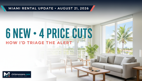 Bright Miami rental-update cover — six new listings, four price cuts, and how to triage the alert — August 21, 2026