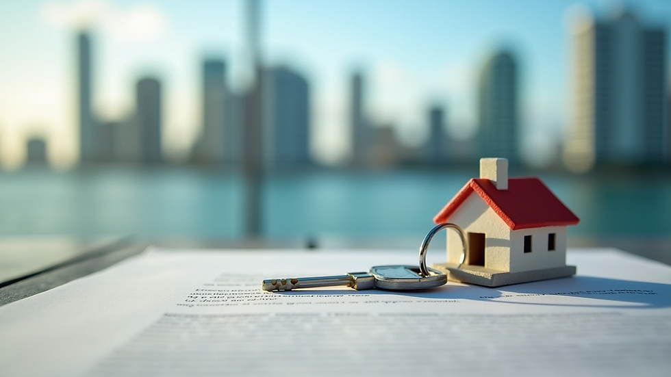 Close-up view of a house key on a contract with a Miami skyline in the background