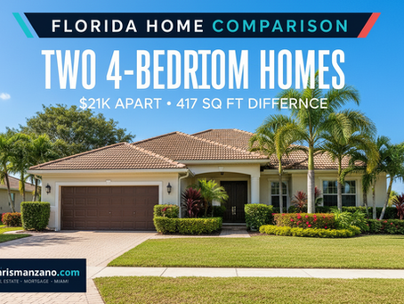 Bright ChrisManzano.com home-update cover comparing two four-bedroom Miami homes $21,000 apart with a 417-sq-ft reported size difference