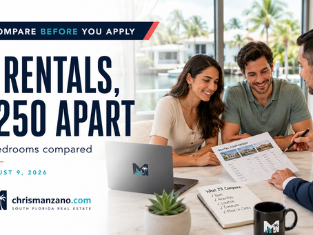 Bright Miami rental comparison cover — two three-bedroom rentals $250 apart — August 9, 2026