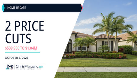 Branded editorial cover for an October 6, 2026 buyer update about two price-decreased homes; illustrative home image, not either advertised property.