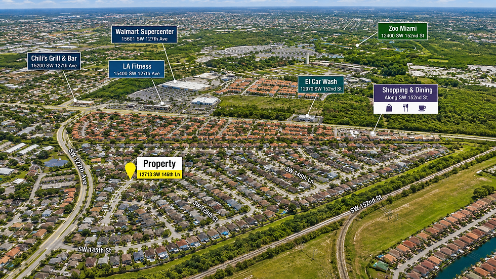 Aerial view highlighting a property located at 12713 SW 146th Ln, surrounded by a vibrant neighborhood. Notable nearby amenities include Walmart Supercenter, Chili's Grill & Bar, LA Fitness, El Car Wash, and Zoo Miami, with additional shopping and dining options along SW 152nd St.