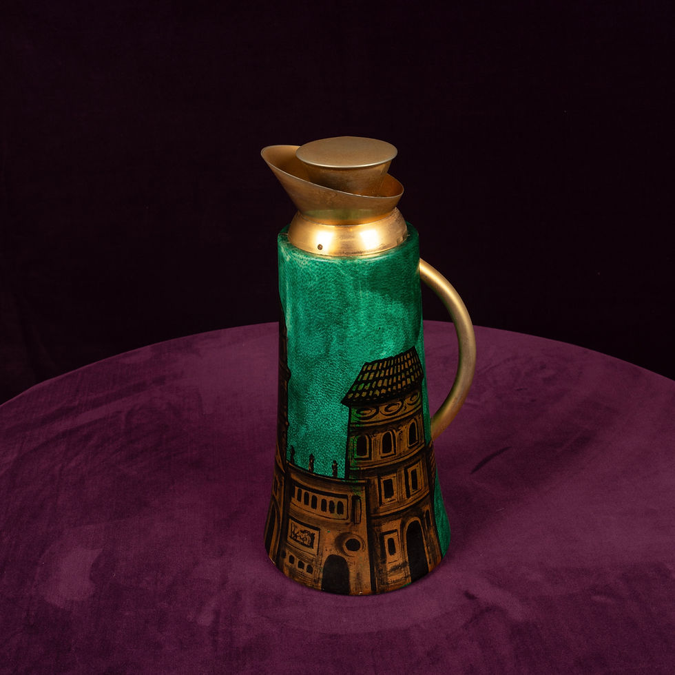 Miniatura: Aldo Tura Mod. 968D Hand-Decorated Green Goatskin Parchment Thermos Italy 1960