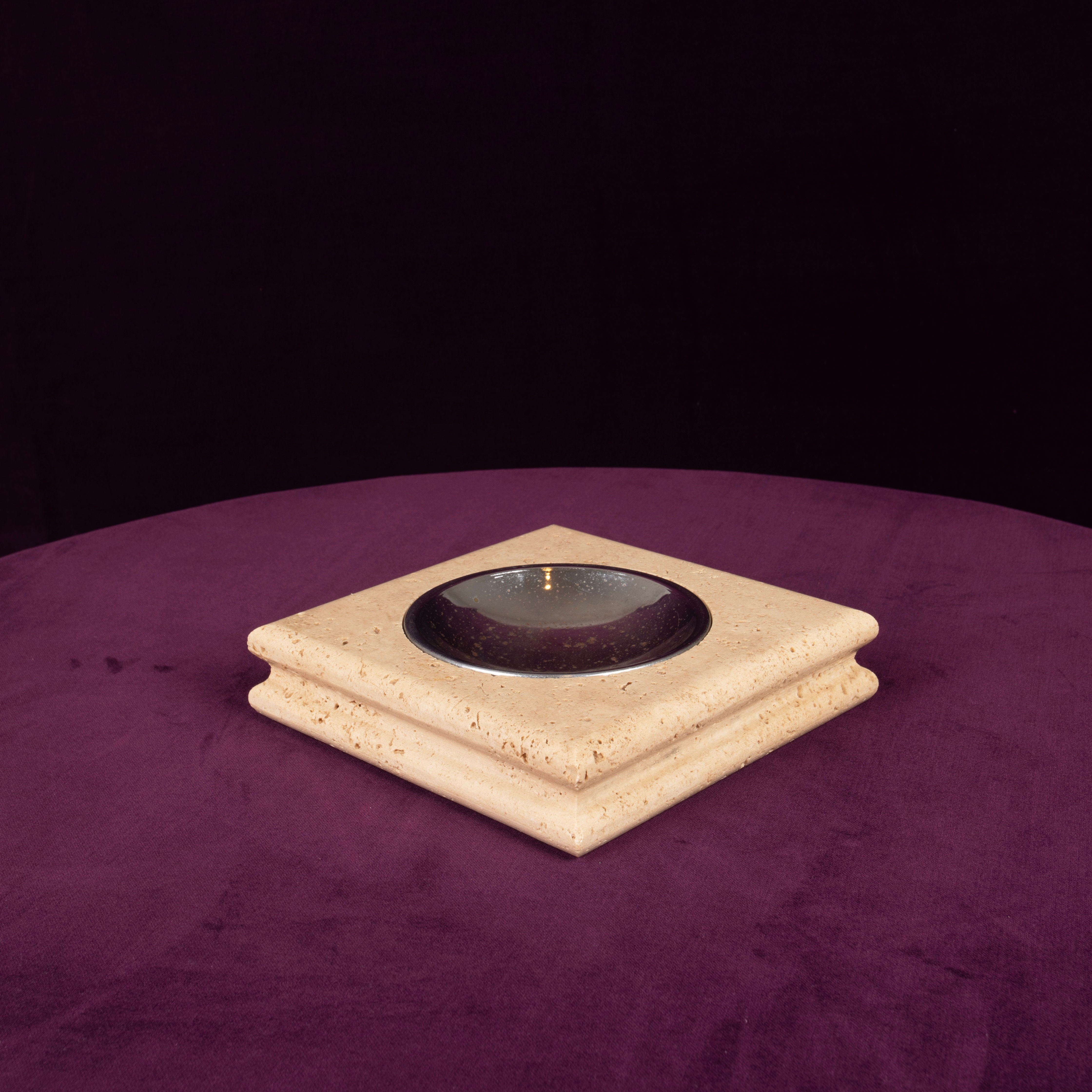 Square Italian Travertine Ashtray with Removable Metal Dish 1970