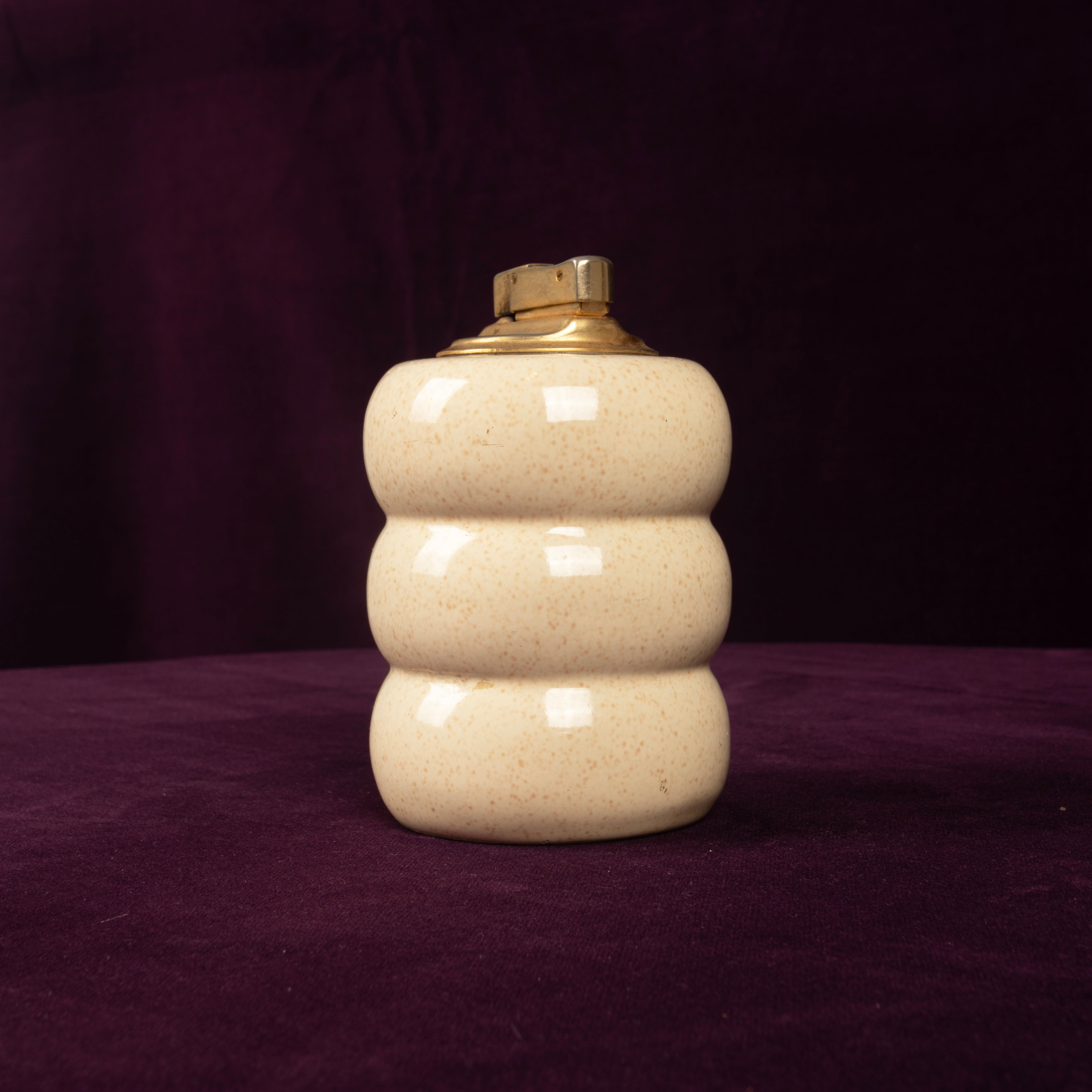 Tommaso Barbi Cream Speckled Ceramic and Brass Table Lighter 1970