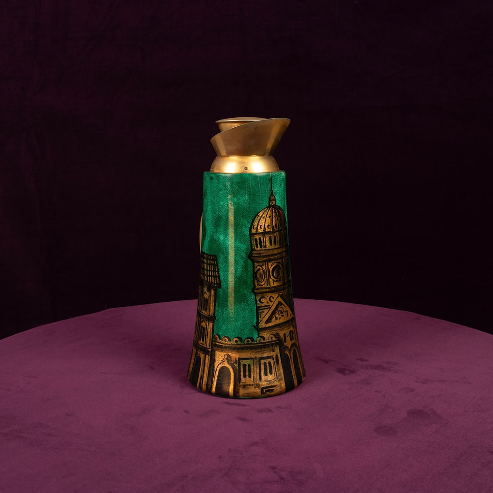Miniatura: Aldo Tura Mod. 968D Hand-Decorated Green Goatskin Parchment Thermos Italy 1960