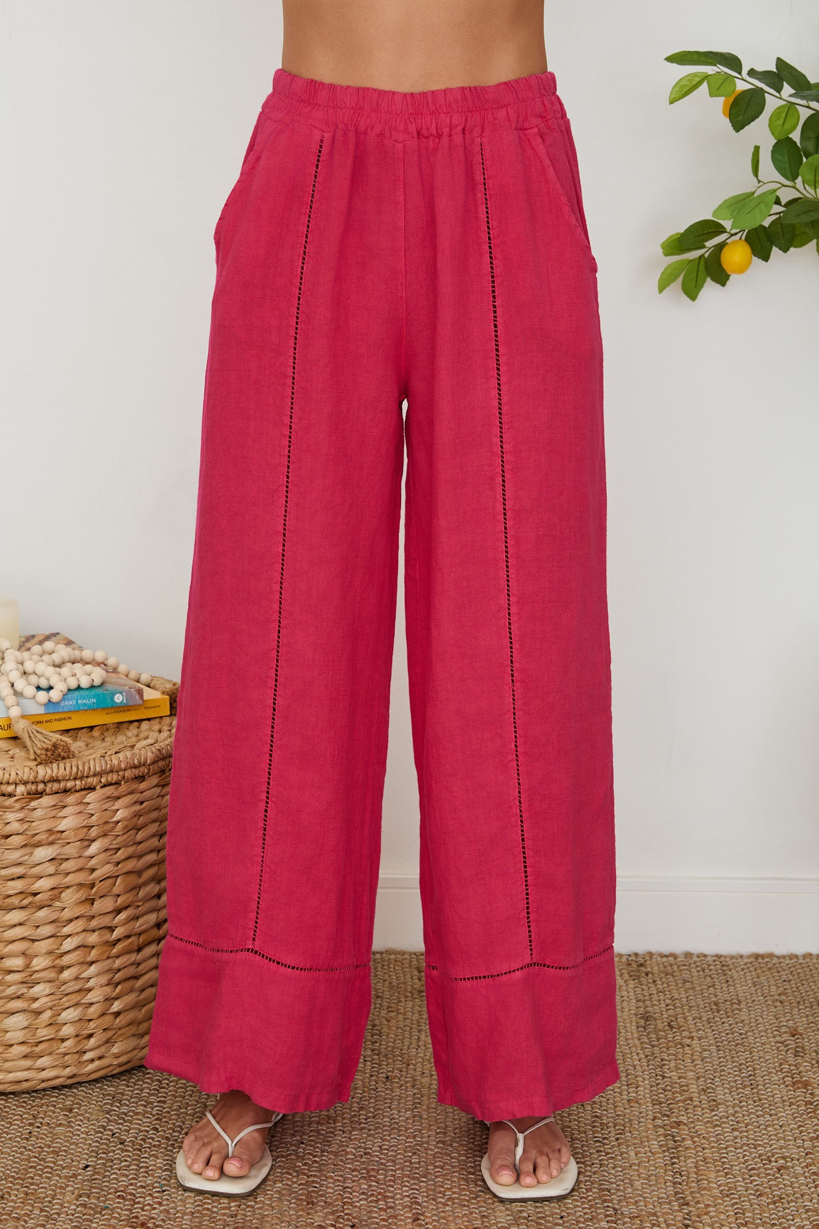 Milio Milano Linen Open Stitch Wide Leg in Raspberry 