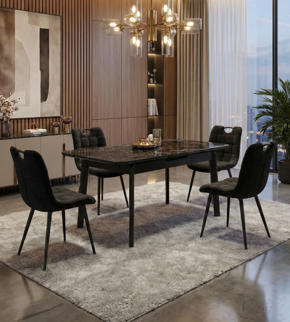 Arizona Extendable Dining Table - Black Gold Ceramic + 4 Monzo Chairs (black)