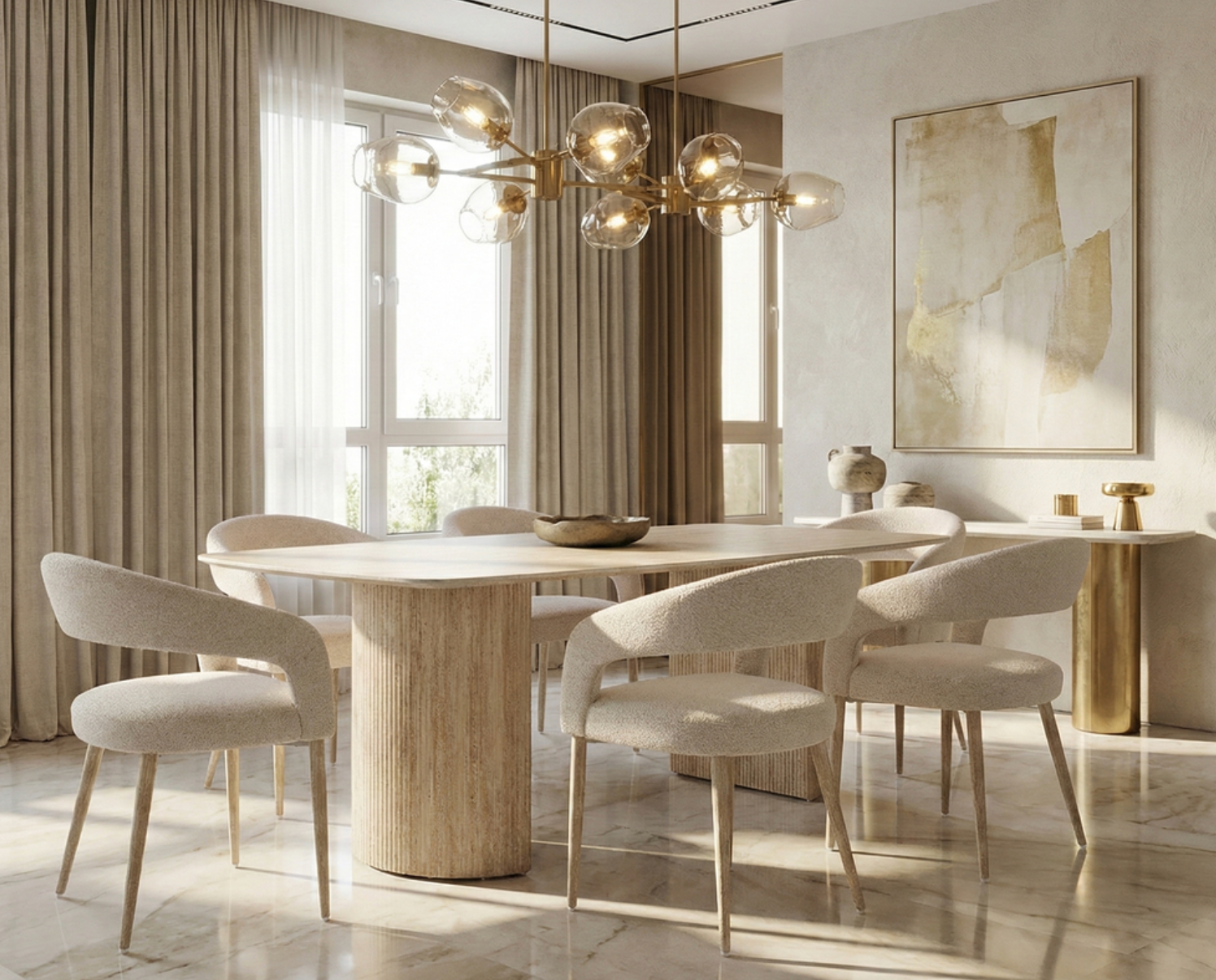 Olympia Dining Table + 6 Chairs- Beige Ceramic