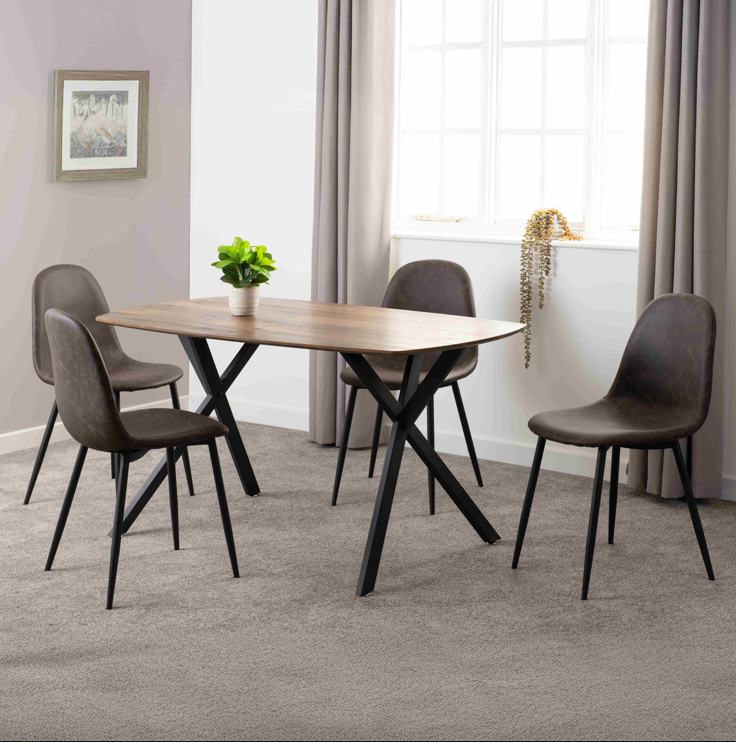 Athens Rectangular Dining Set (X4 Chairs) - Medium Oak Effect/Brown Faux Leather