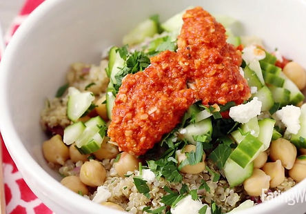 Chickpea & Quinoa Bowl with Roasted Red Pepper Sauce 