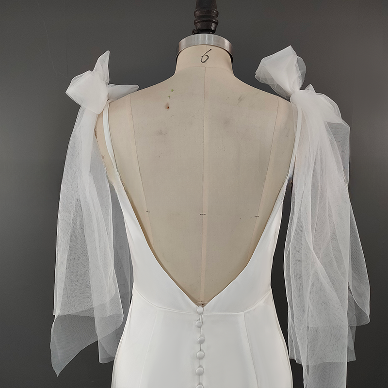 Thumbnail: Simple Bow Spaghetti Straps Slit Mermaid V-neck Sweep Train Bridal Gown
