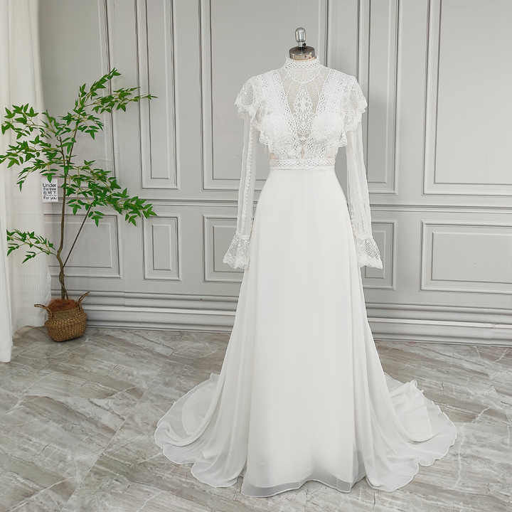 A-line Soft Chiffon Wedding Dress Elegant Women Appliques High Neck Bride Gown