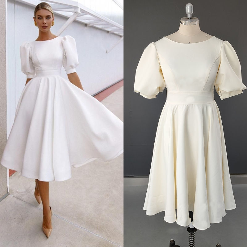 Simple Short O-Neck Puffy Sleeves Wedding Dress Soft Stain Bridal Gown