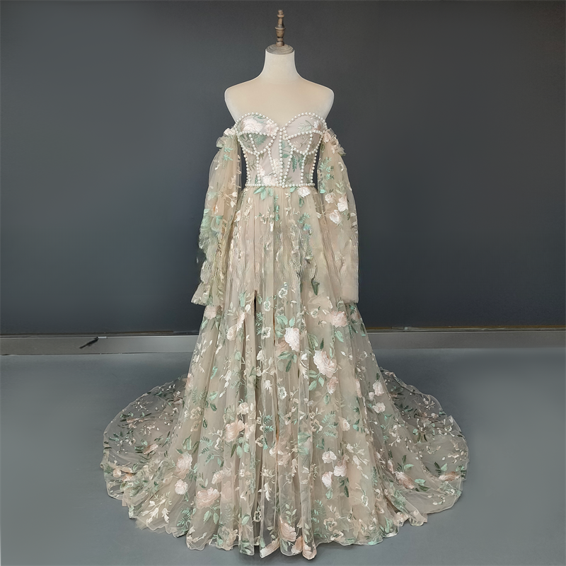 Thumbnail: Pearls Flower Lace Puffy Sleeves Low Back Wedding Bridal Gown