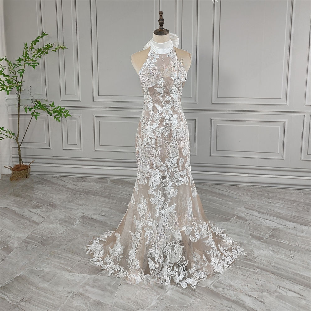 Halter Sequined Lace Mermaid Wedding Dress Elegant Women Bridal Gown