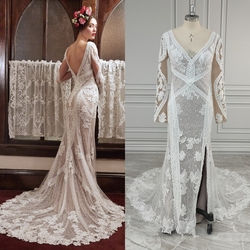 Bohemia V-Neck Long Sleeves Appliques Lace Side Slit Mermaid Backless Bride Gown