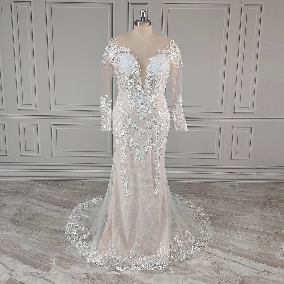 Thumbnail: Long Sleeves Appliques Lace Mermaid Wedding Dress Sweep Train Backless Bride Gown