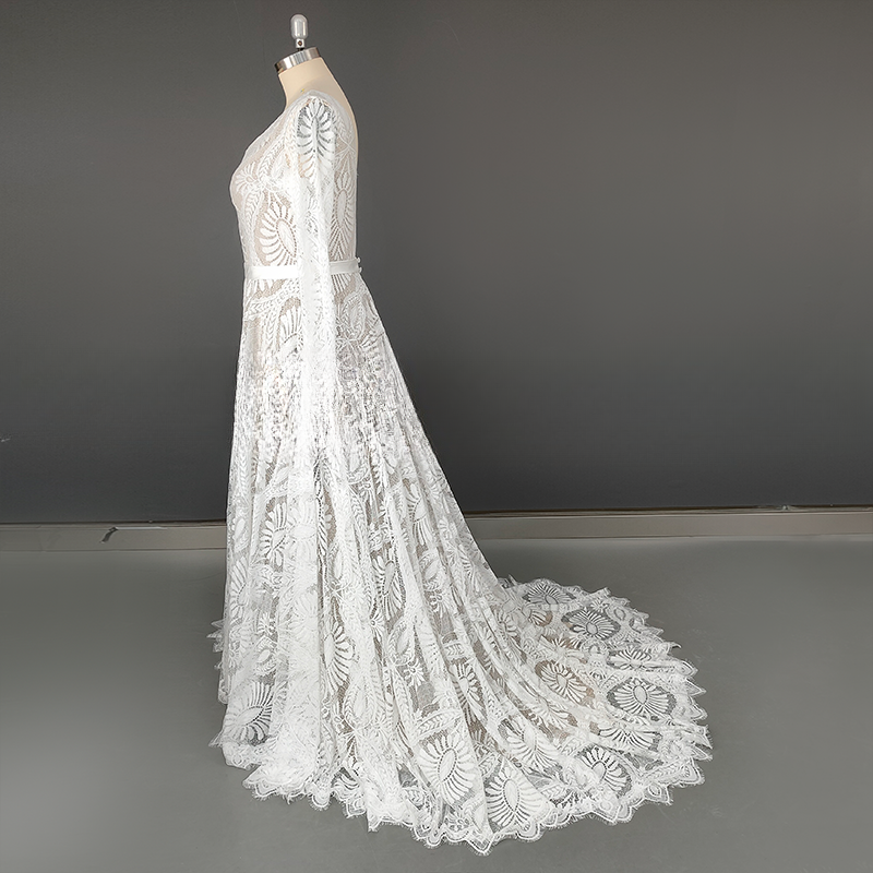 Thumbnail: Long Sleeves Appliques Lace Bohemia Spring V-neck Sweep Train Bridal Gown