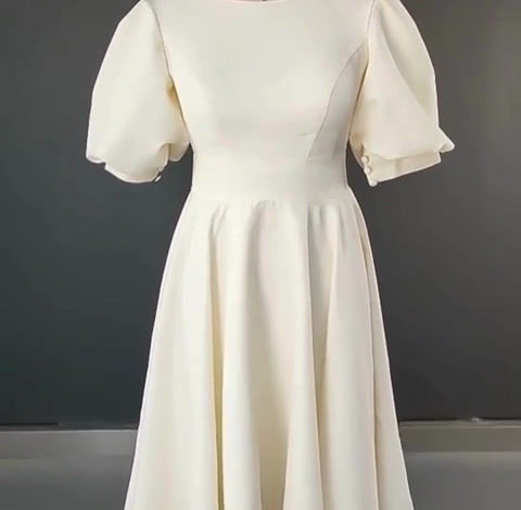 Simple Short O-Neck Puffy Sleeves Wedding Dress Soft Stain Bridal Gown
