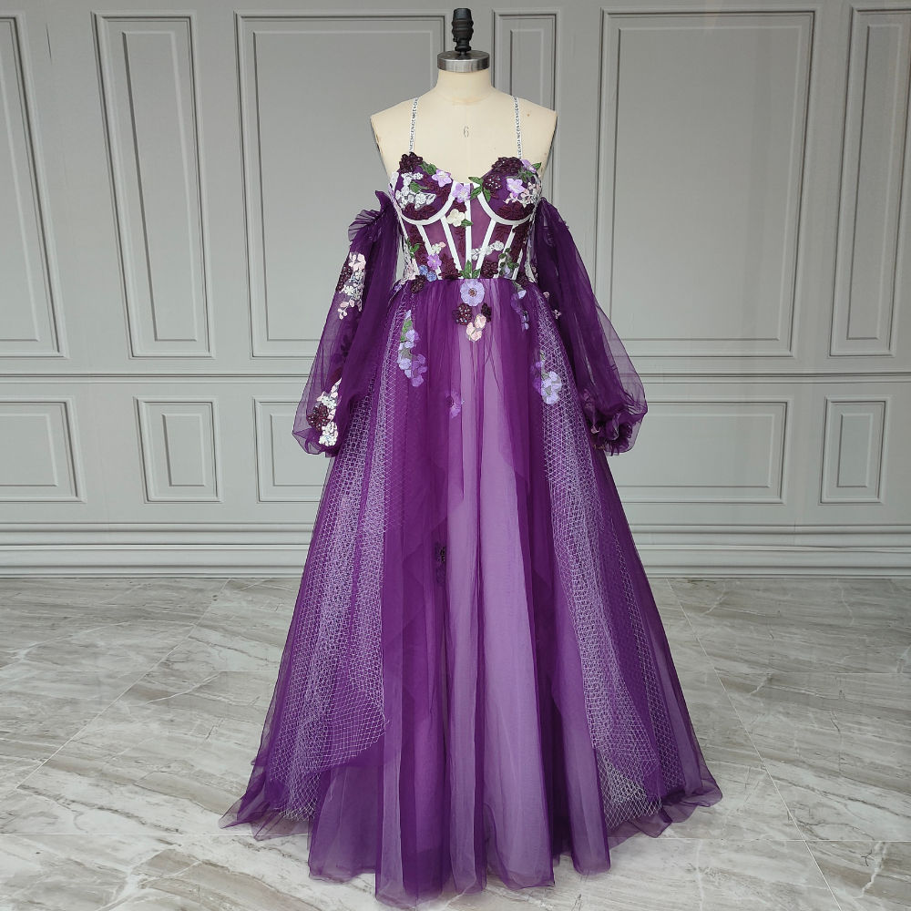 Dark Purple Custom Flower Princess Birthday Party Gown Graduation Maxi Gowns