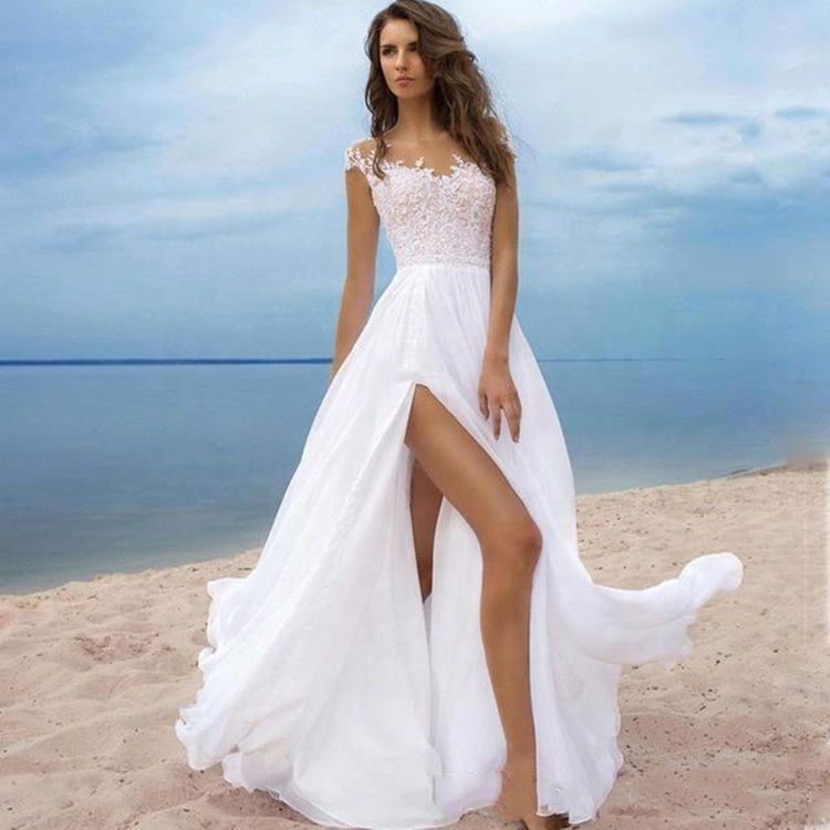 Thumbnail: Beach Bohemian High Slit Cap Sleeve Sweep Wedding Dress Bride Gown