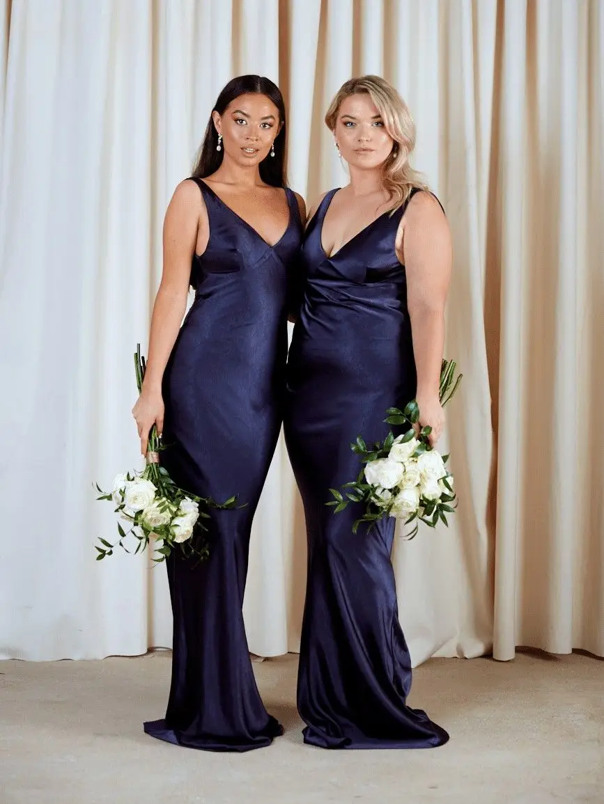 Thumbnail: Soft Satin Spaghetti Straps Pleat Slit Backless Bridesmaid Dress