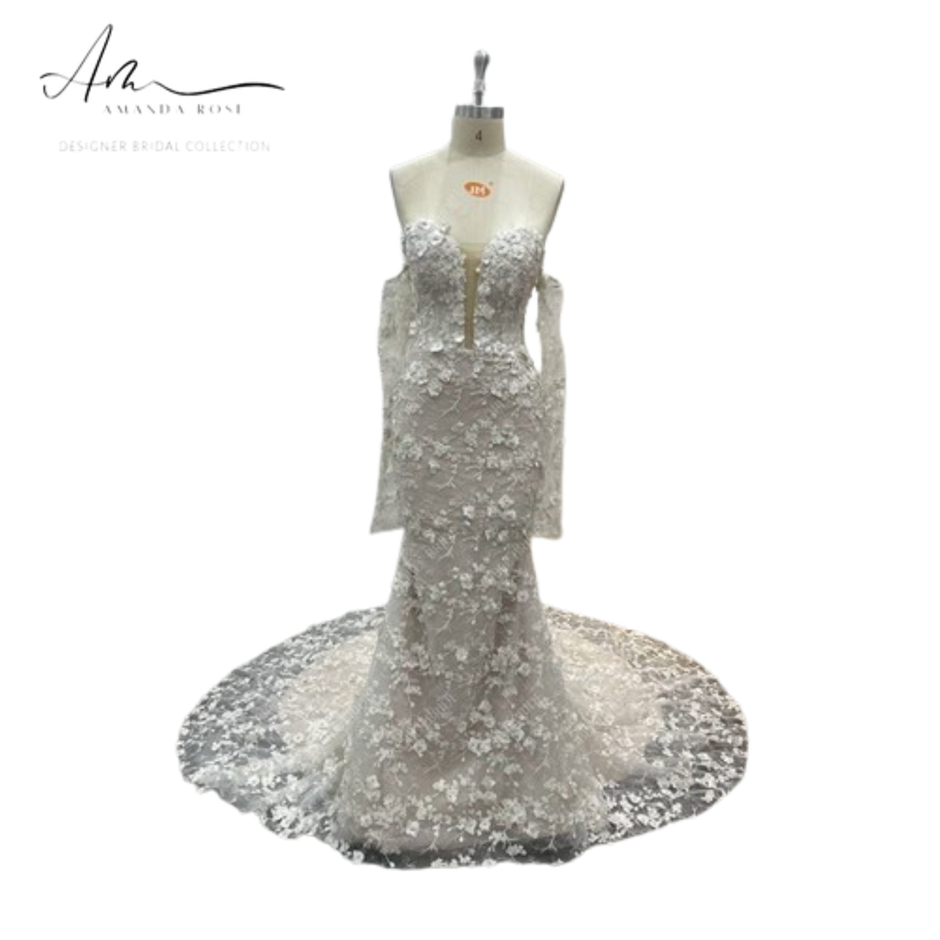 Hot Plunge V Long Off Shoulder 3D Beaded Pearl Lace Mermaid Bridal Gown