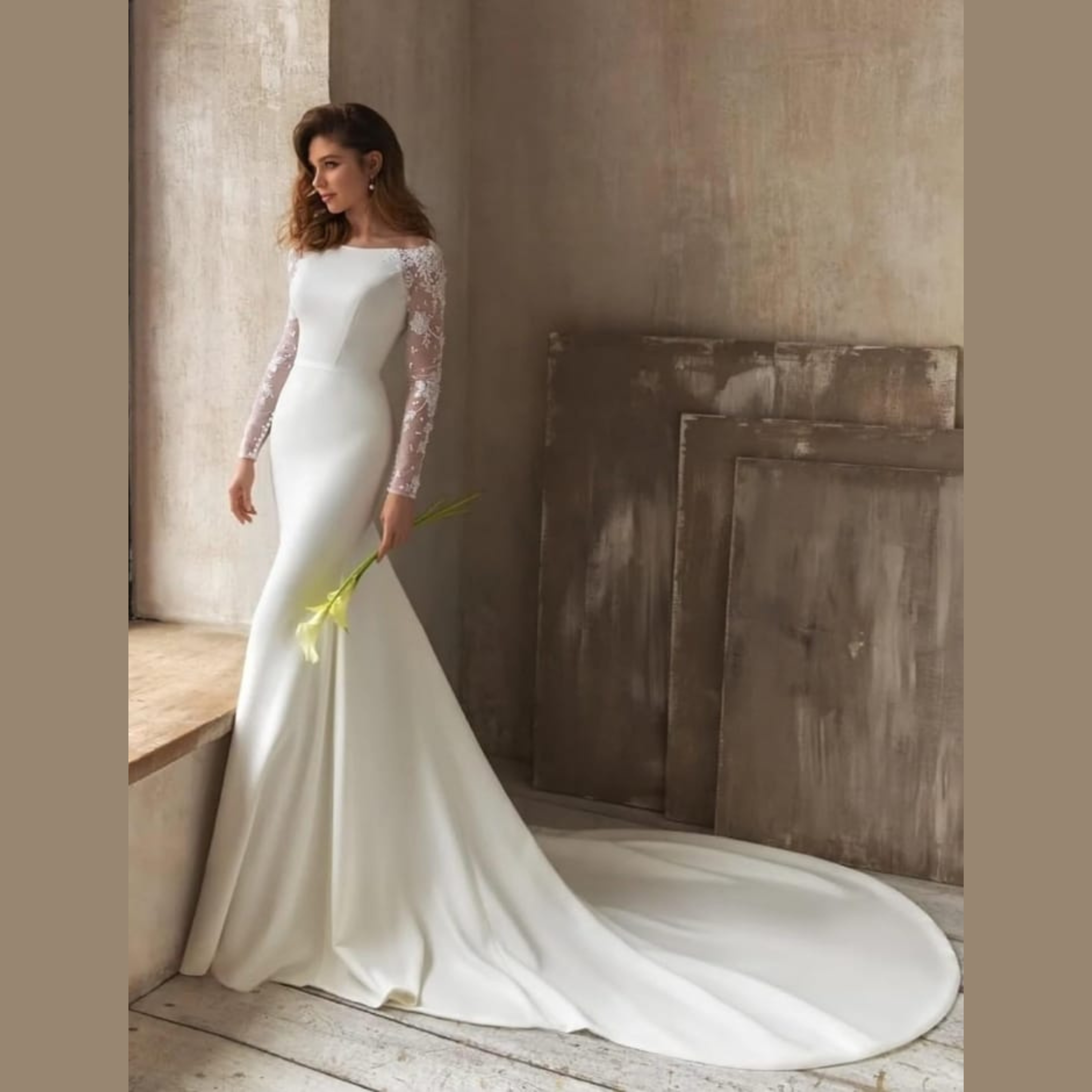 Elegant Bodice Long Sheer Lace Sleeves Floral Details Wedding Dress