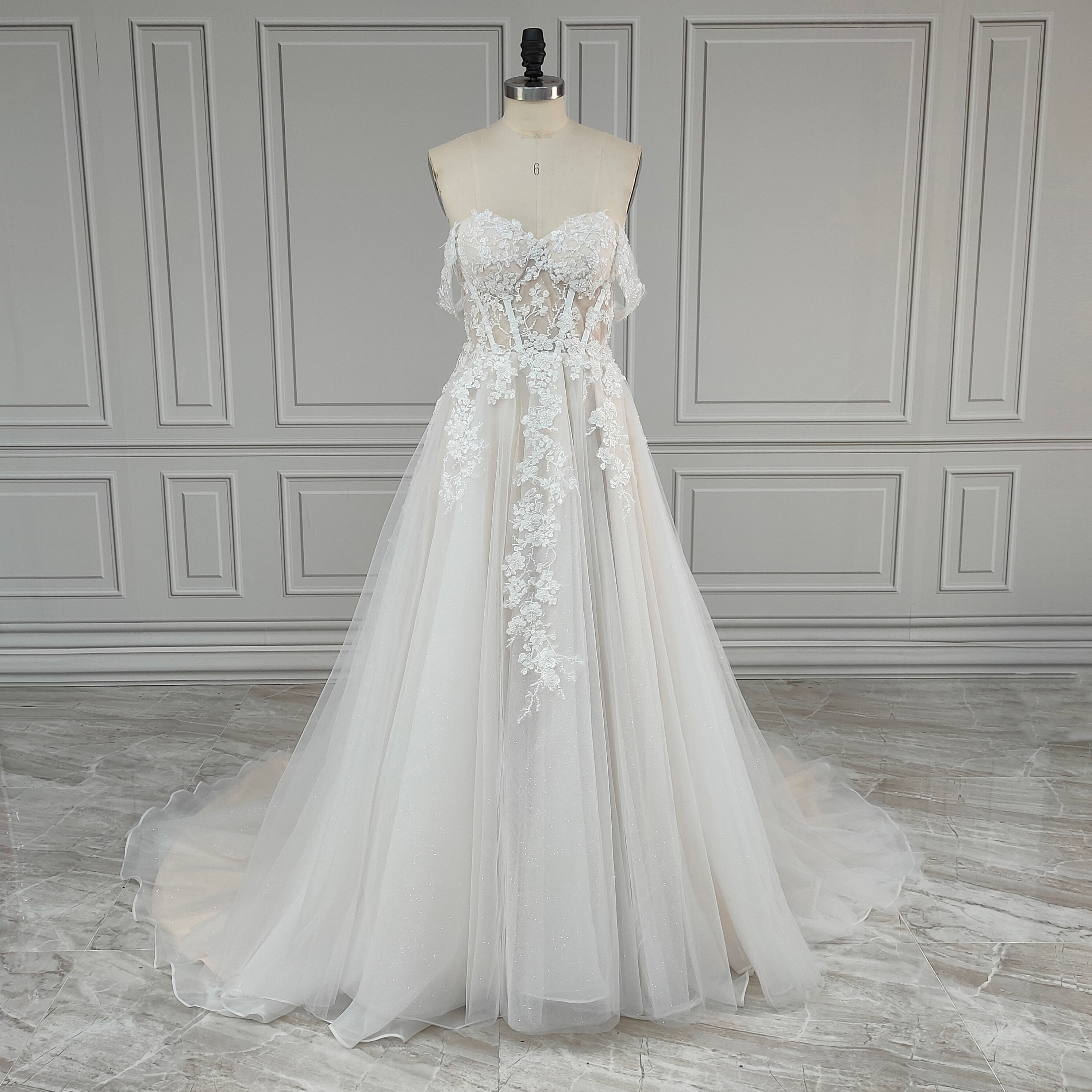 High Quality Off Shoulder Flower Beading Lace Wedding Dress