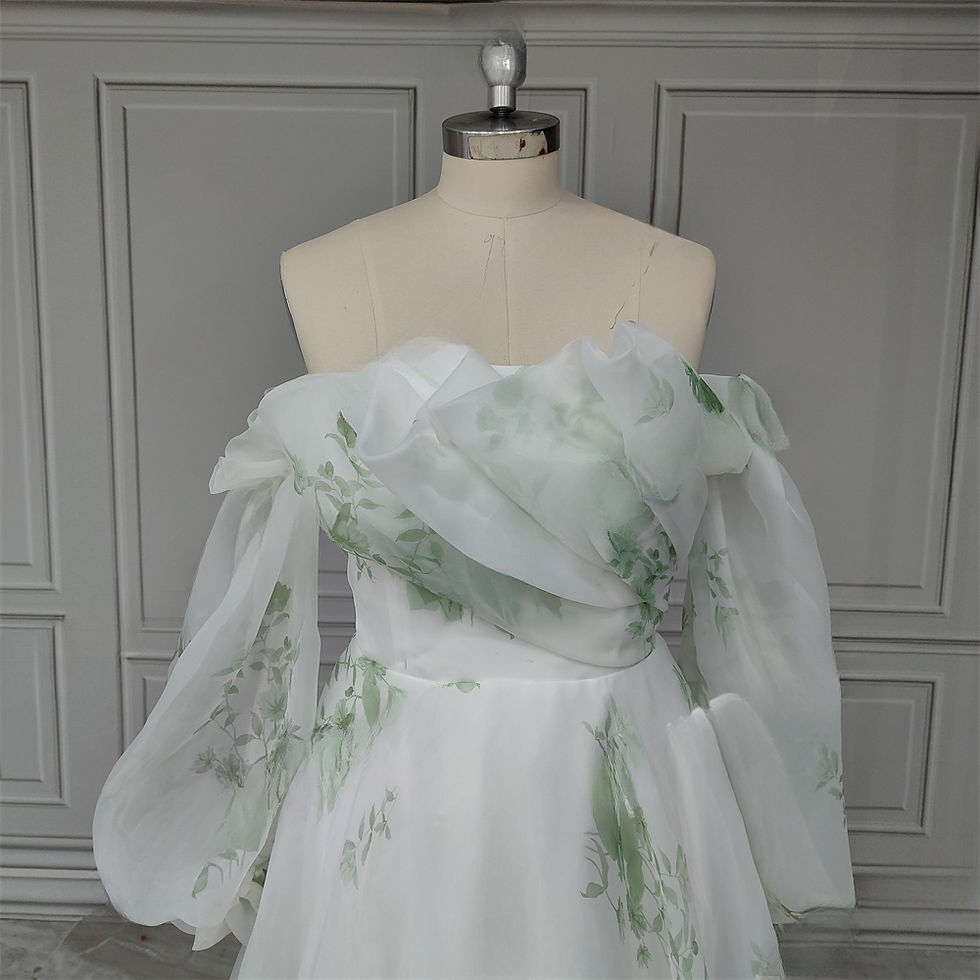 Thumbnail: Green Puffy Ruffles Sleeves Lawn Floral Printed Pleat Organza Sweep Train Bridal Gown