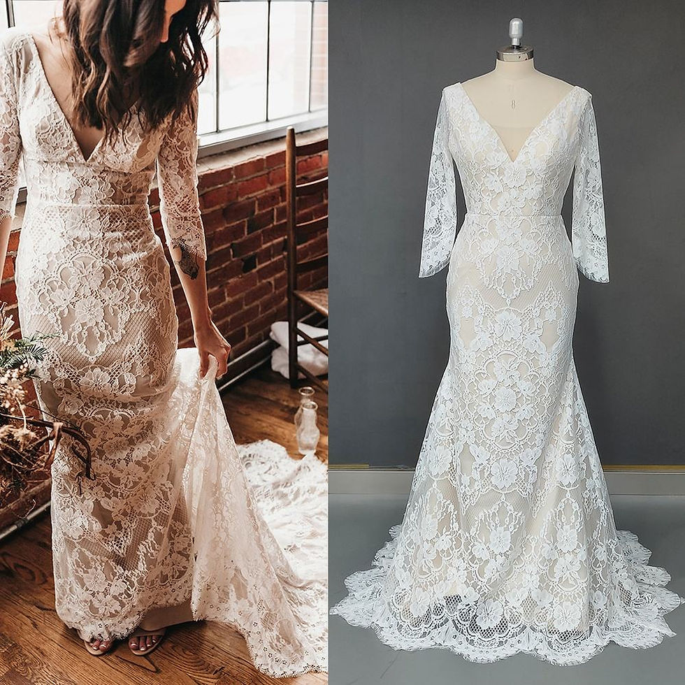 Half-Sleeve V-Neck Open Back Bohemian Lace Romantic Mermaid Wedding Dress