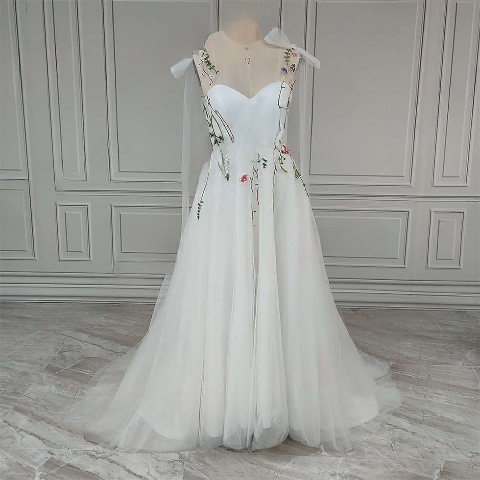 Thumbnail: Spaghetti Straps Sweep Train Embroidered Floral Lace Colorful Evening Prom Gown