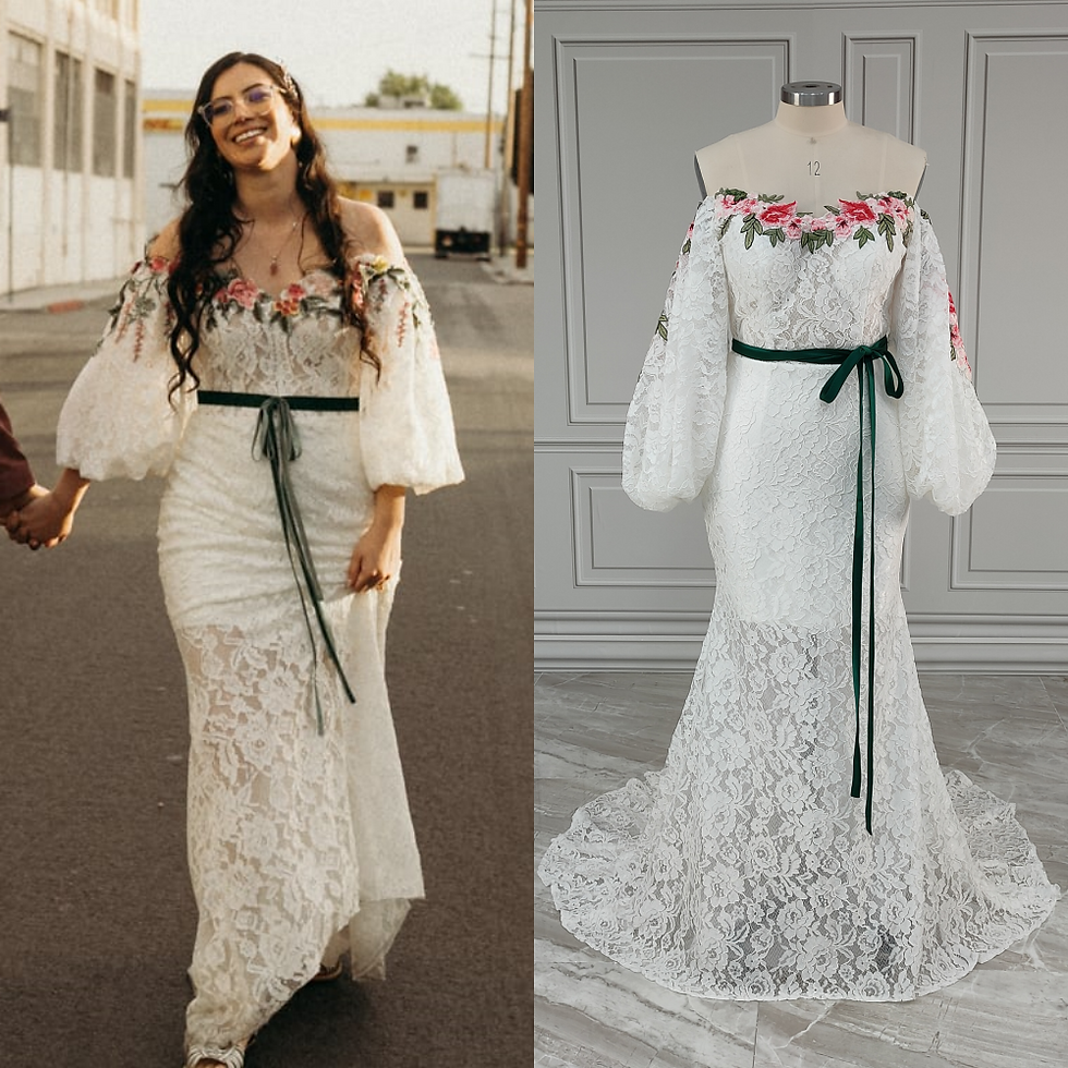 Off-Shoulder Puffy Sleeves Embroidered Flower Lace Mermaid Wedding Dress