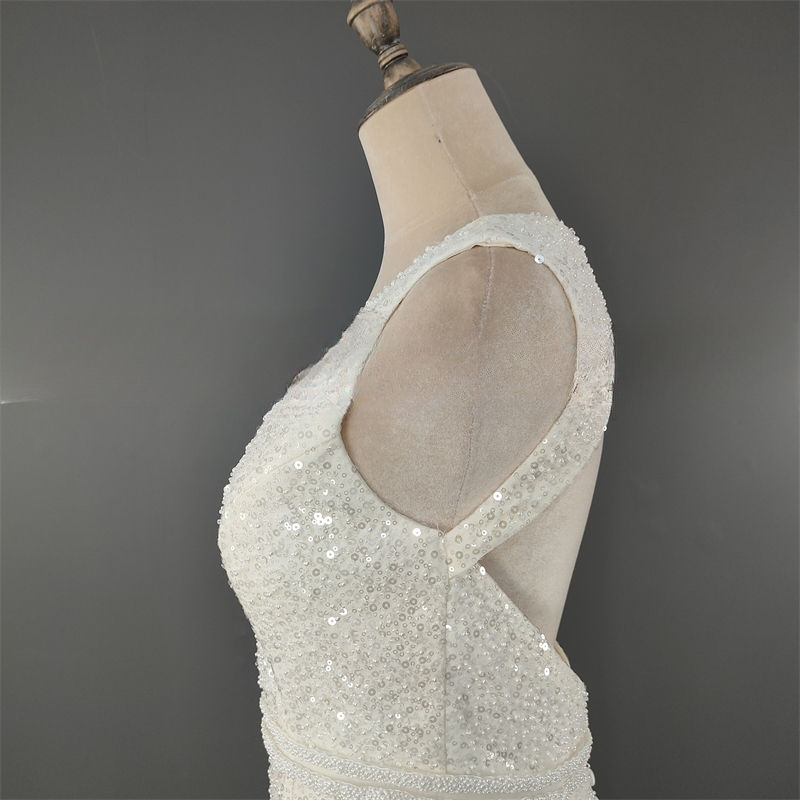 Thumbnail: Exquisite Beading Lace Backless Sheath Dress Elegant Sweep Train V-neck Bridal G