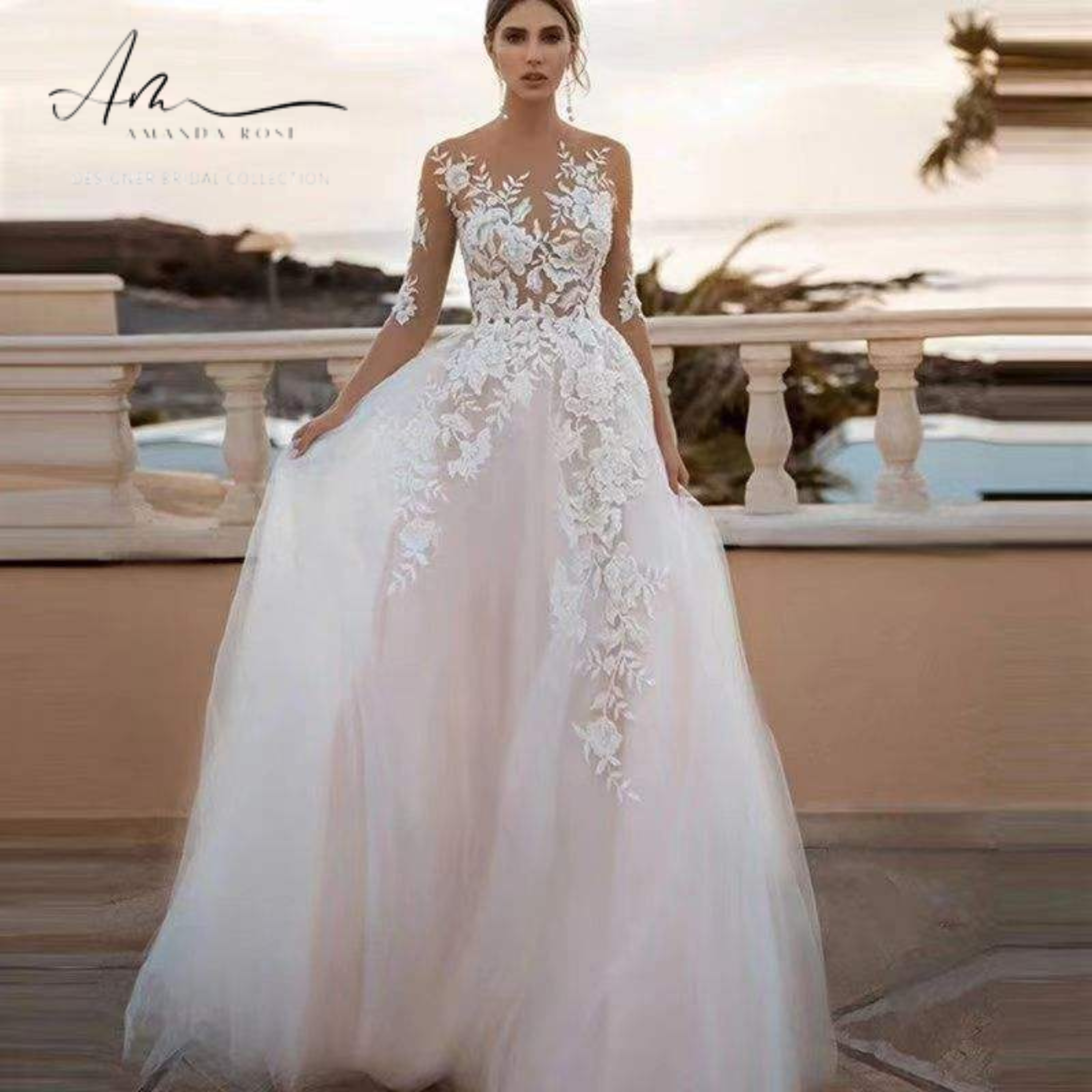 Long Lace Decorated Skirt Floor-Length Wrap Waistline Bridal Wedding Dress