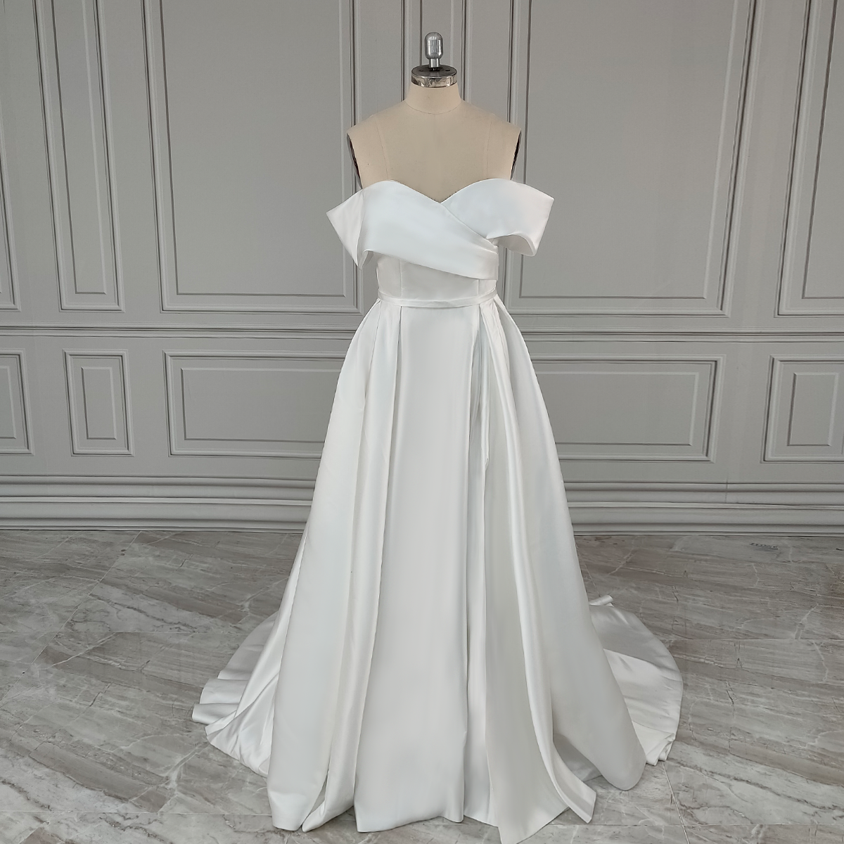 High quality Off Shoulder High Side Slit Satin A-line Wedding Dress
