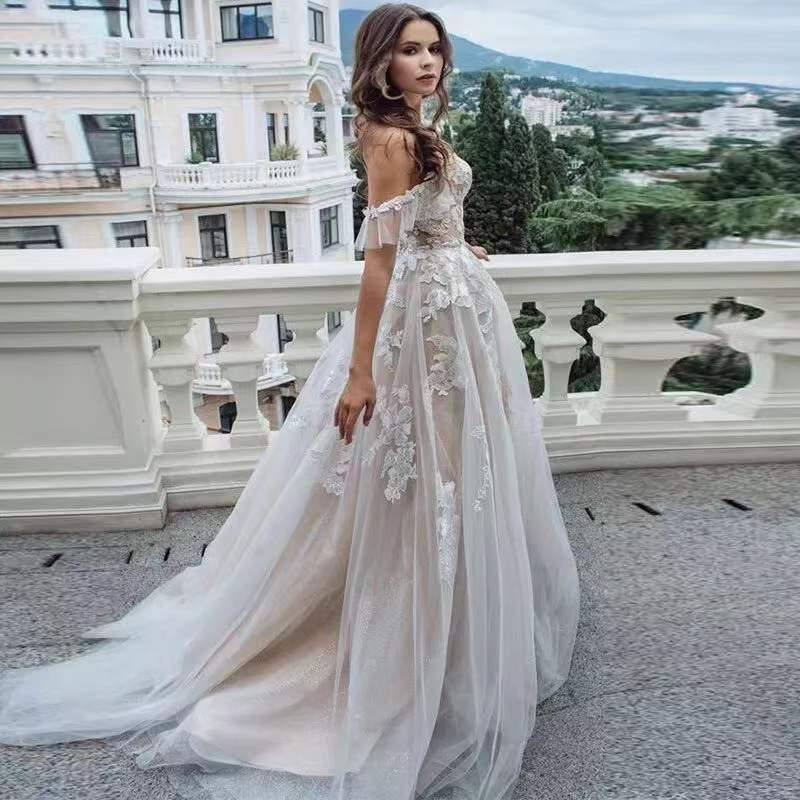 Thumbnail: Lace Applique Sweep Train Short Sleeve A-Line Wedding Bridal Gown