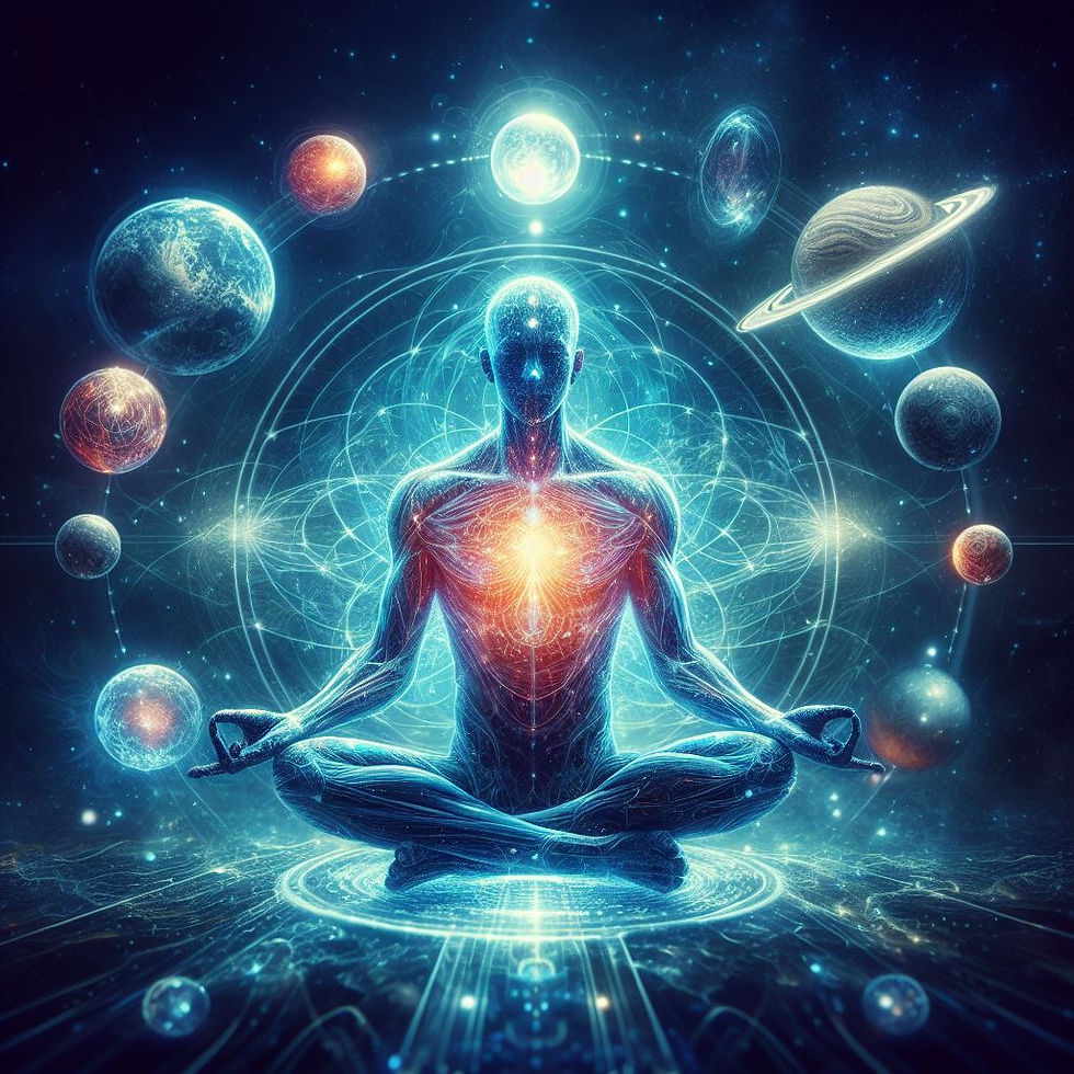 man in lotus meditation with planets around him