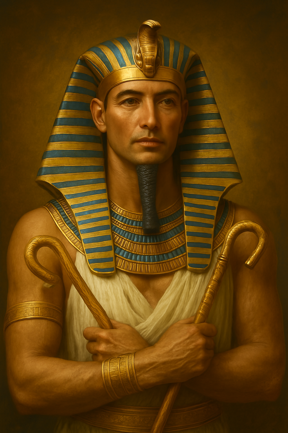 A solemn figure in pharaoh attire, wearing a blue and gold striped headdress, holds a crook and flail. Warm, gold-toned background.