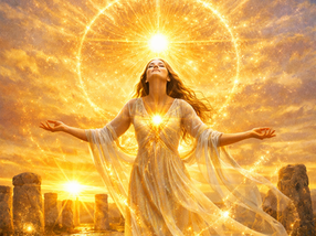 Woman in flowing gown standing in front of the sun during solstice