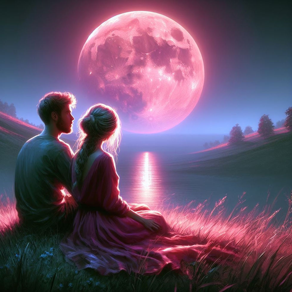 man and woman under the glow of the pink full moon