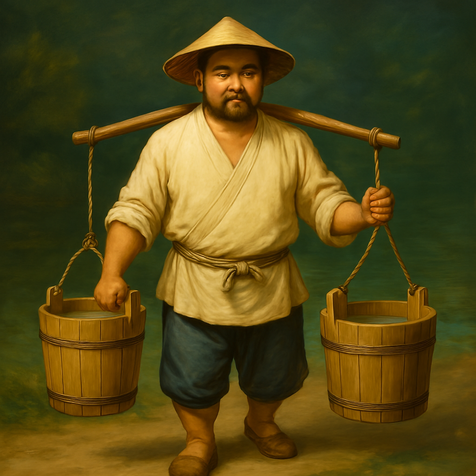 Asian man carrying buckets