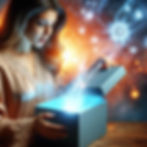 woman opening a box with light codes in it