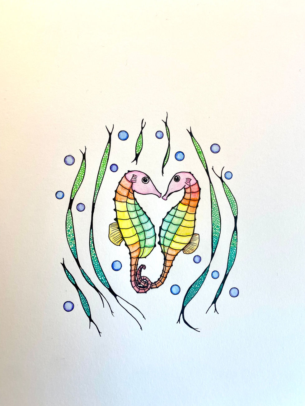 Seahorses (Sold). Ink and Watercolor