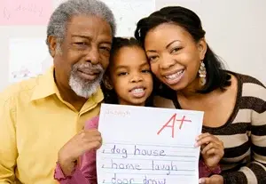 A woman celebrating her daughter's grades with a grandpa