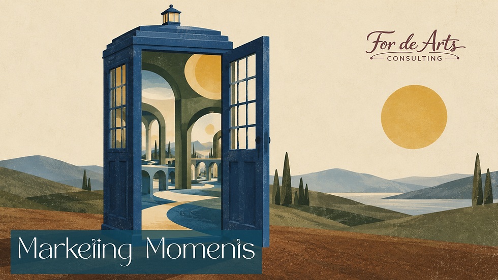 Midcentury-style illustration of an open blue phone booth revealing expansive green arches and winding paths amid earthy hills and a golden sun. Text reads “Marketing Moments” and “For de Arts Consulting.”
