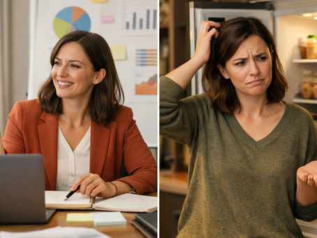 Split-screen image. Left side: professional woman leading a strategic planning session with charts and notebooks. Right side: same woman standing in front of an open refrigerator looking confused. Natural lighting, realistic photography, subtle humor, warm and grounded tone.
