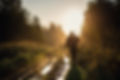 Vintage hunter walks the forest road Rifle Hunter Silhouetted in Beautiful Sunset or Sunri